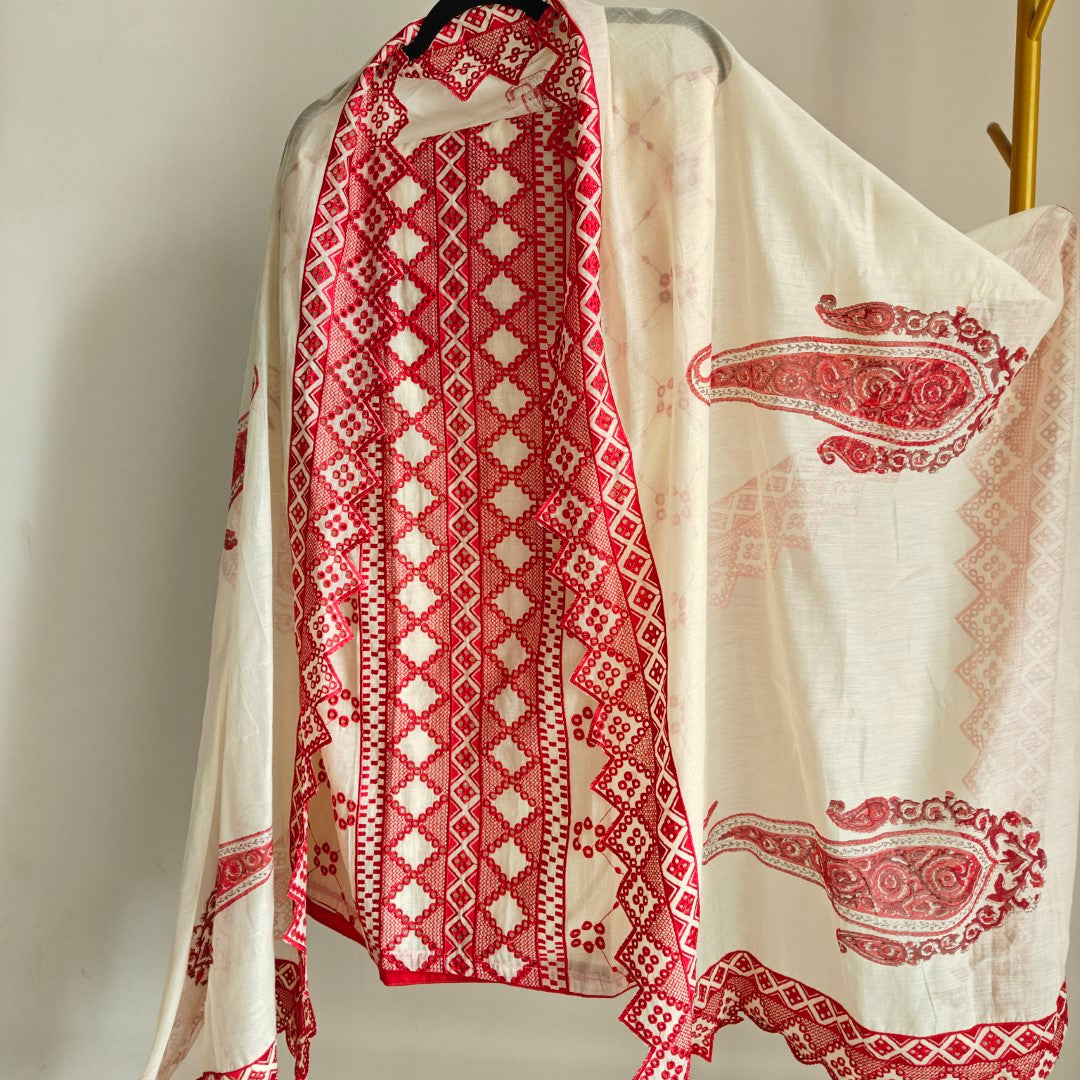 Chanderi cutwork embroidery Unstitched suit. Off white read salwar suit