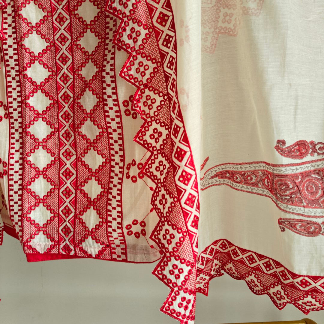 Chanderi cutwork embroidery Unstitched suit. Off white read salwar suit