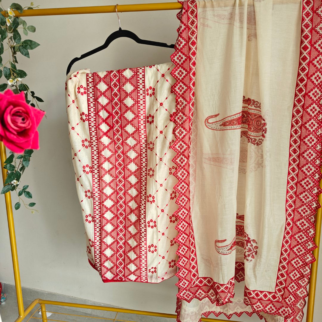 Chanderi cutwork embroidery Unstitched suit. Off white read salwar suit