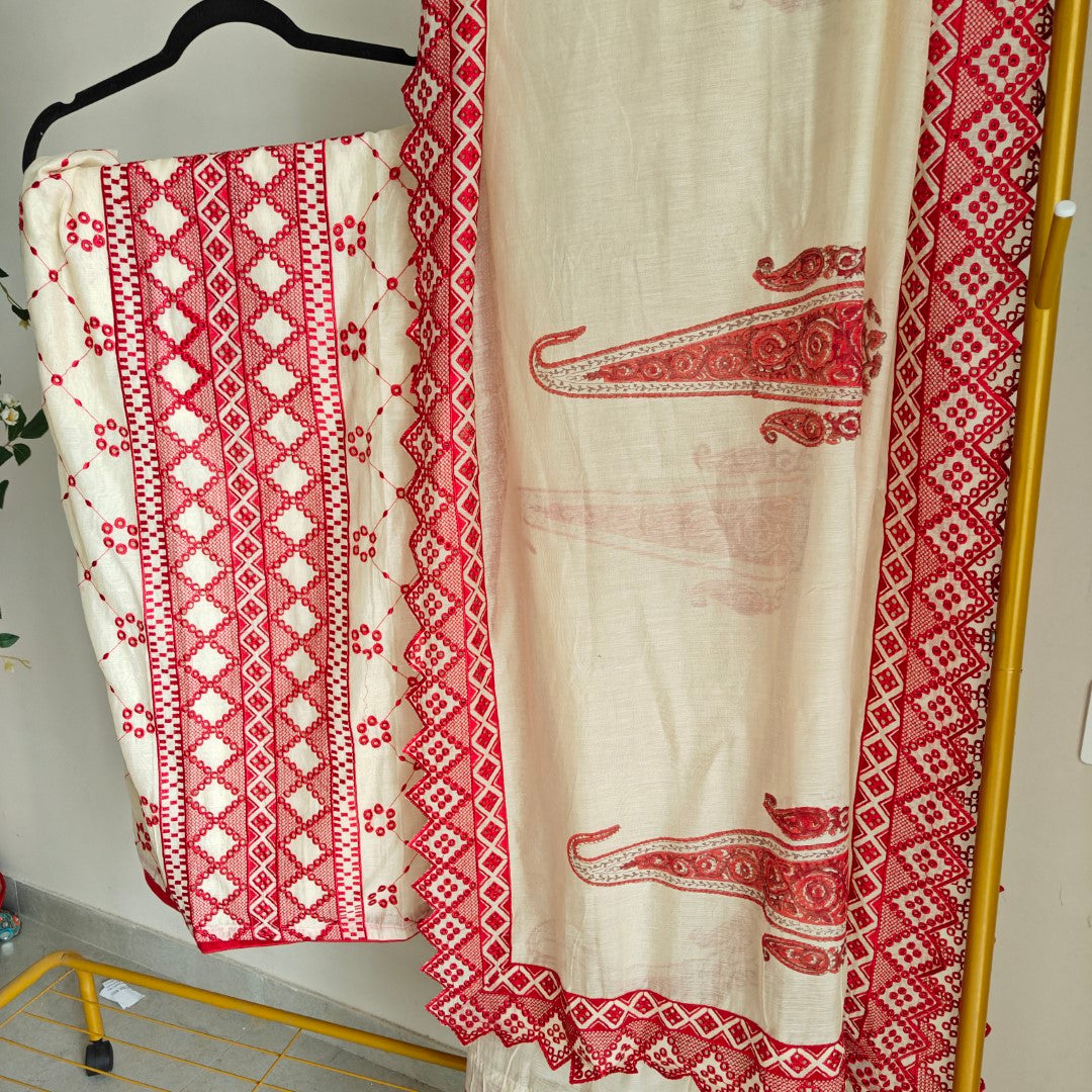 Chanderi cutwork embroidery Unstitched suit. Off white read salwar suit