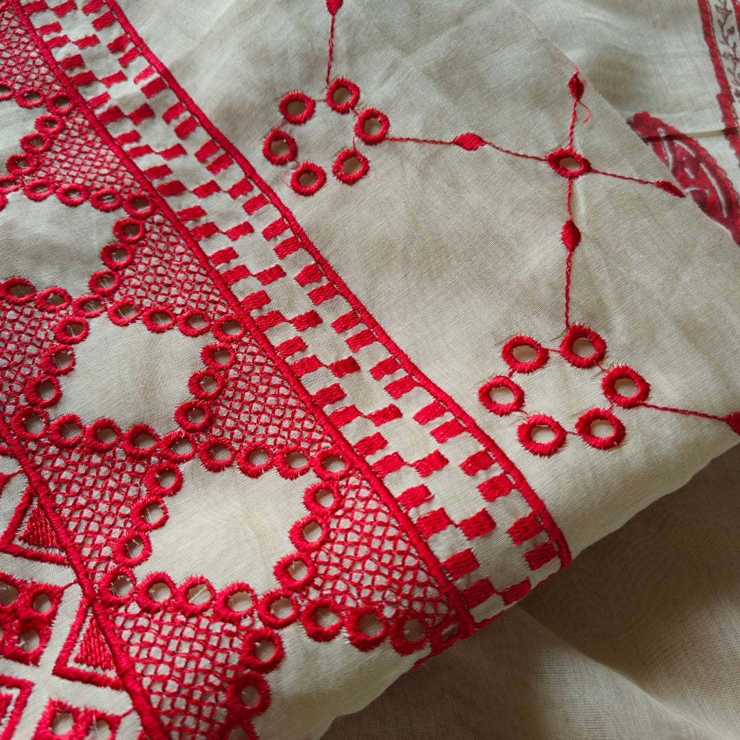 Chanderi cutwork embroidery Unstitched suit. Off white read salwar suit