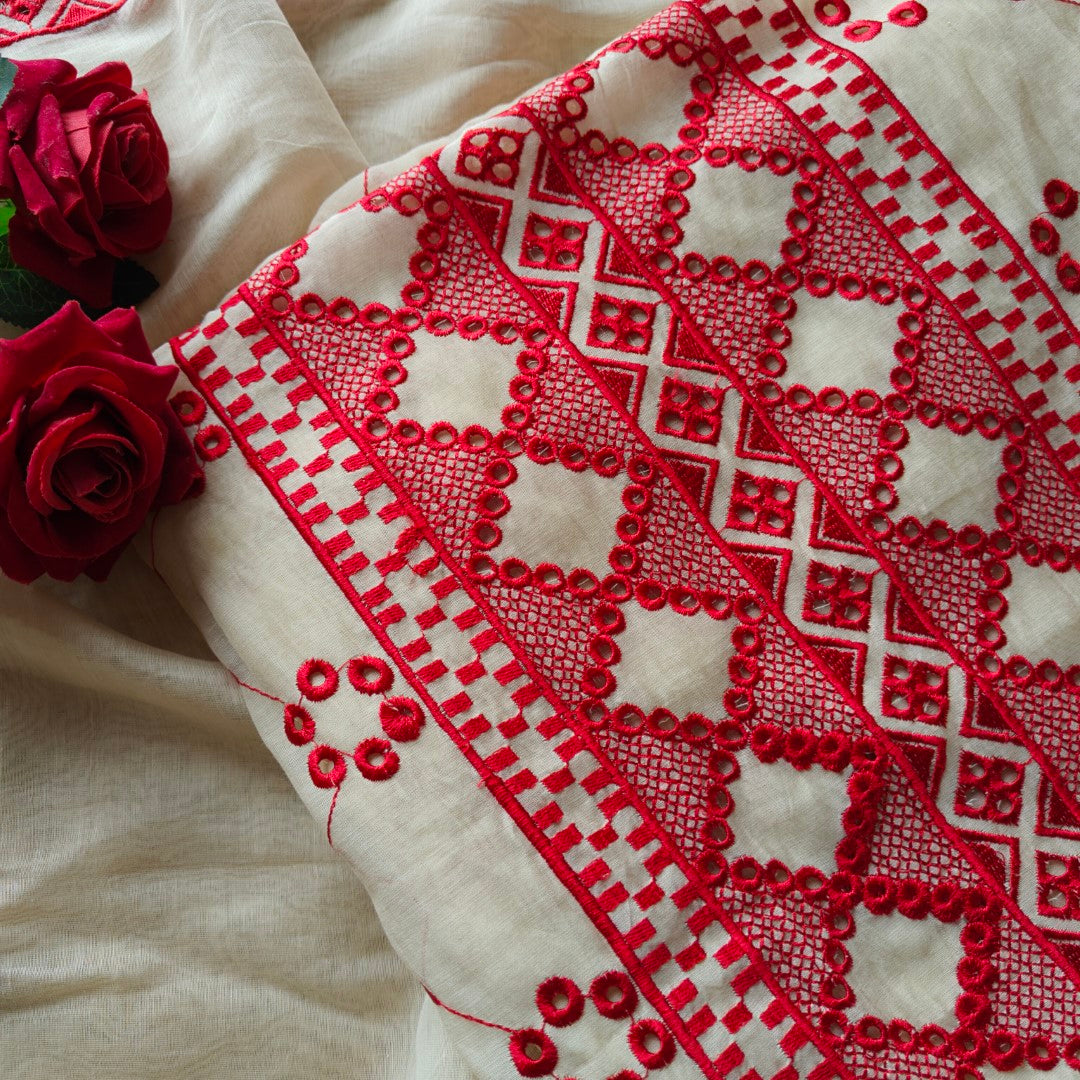 Chanderi cutwork embroidery Unstitched suit. Off white read salwar suit