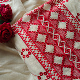 Chanderi cutwork embroidery Unstitched suit. Off white read salwar suit