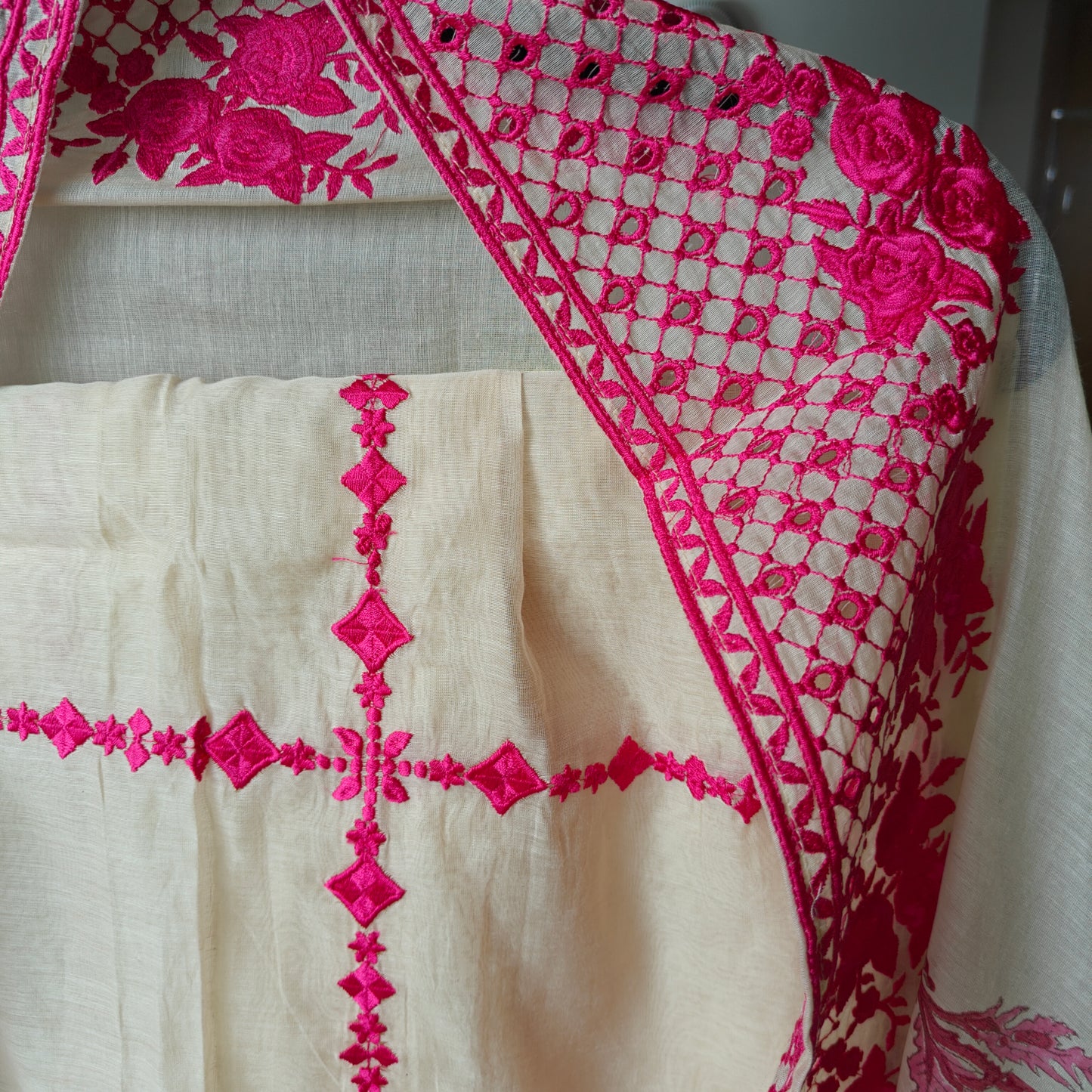 Chanderi designer hotpink suit set - Unstitched material