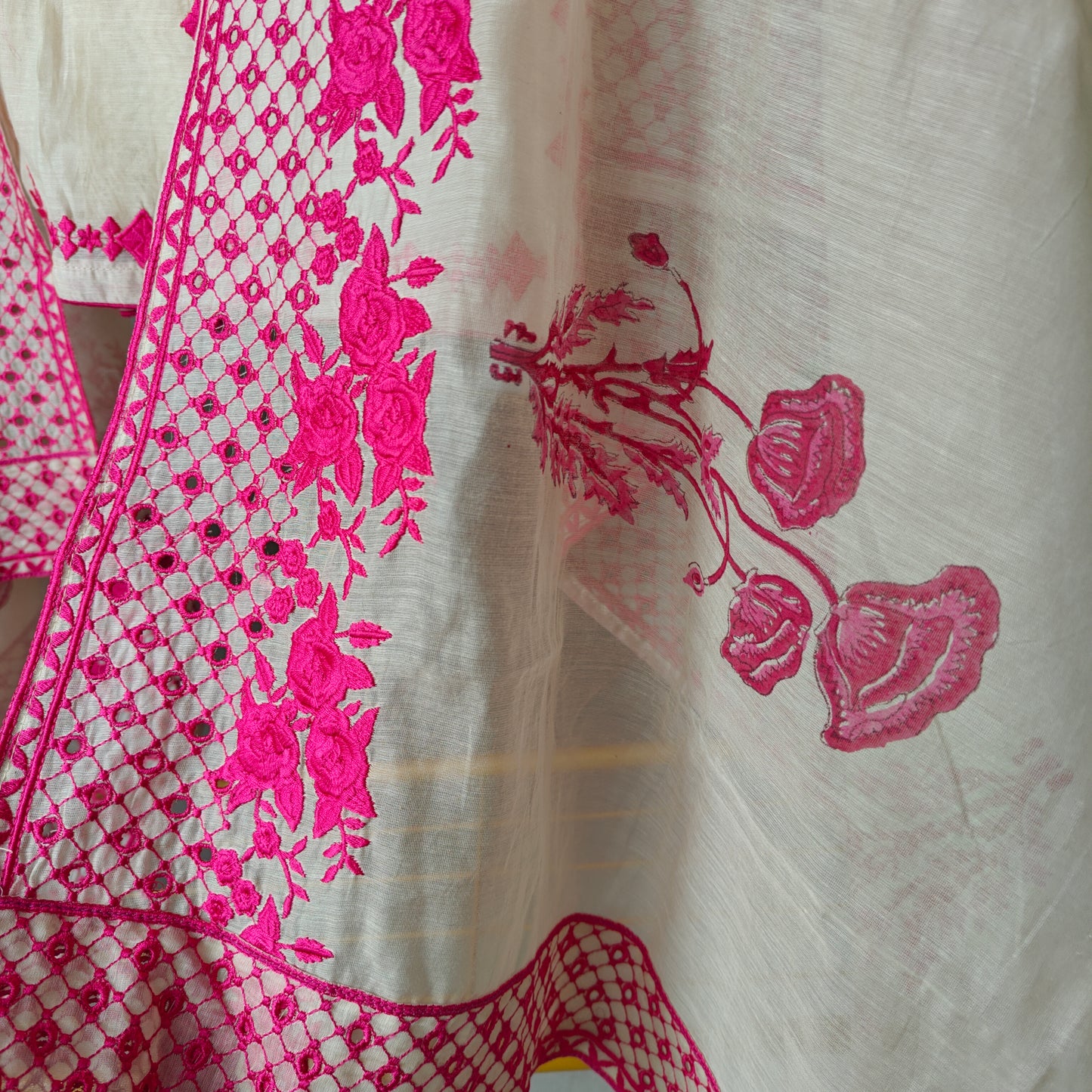 Chanderi designer hotpink suit set - Unstitched material