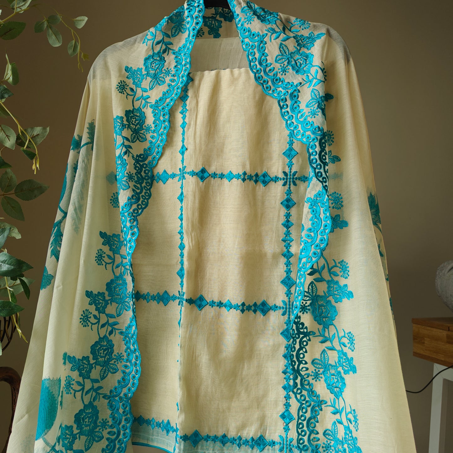 Chanderi designer blue suit set - Unstitched material