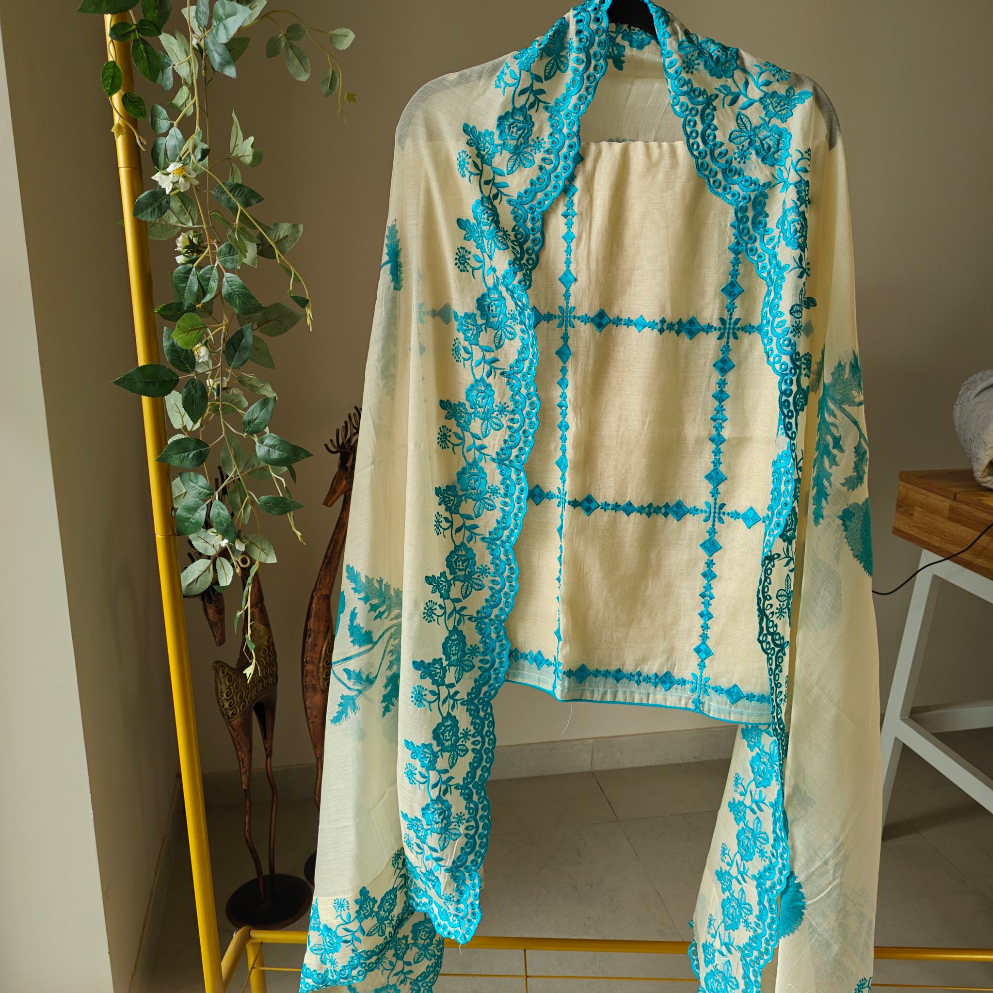 Chanderi designer blue suit set - Unstitched material