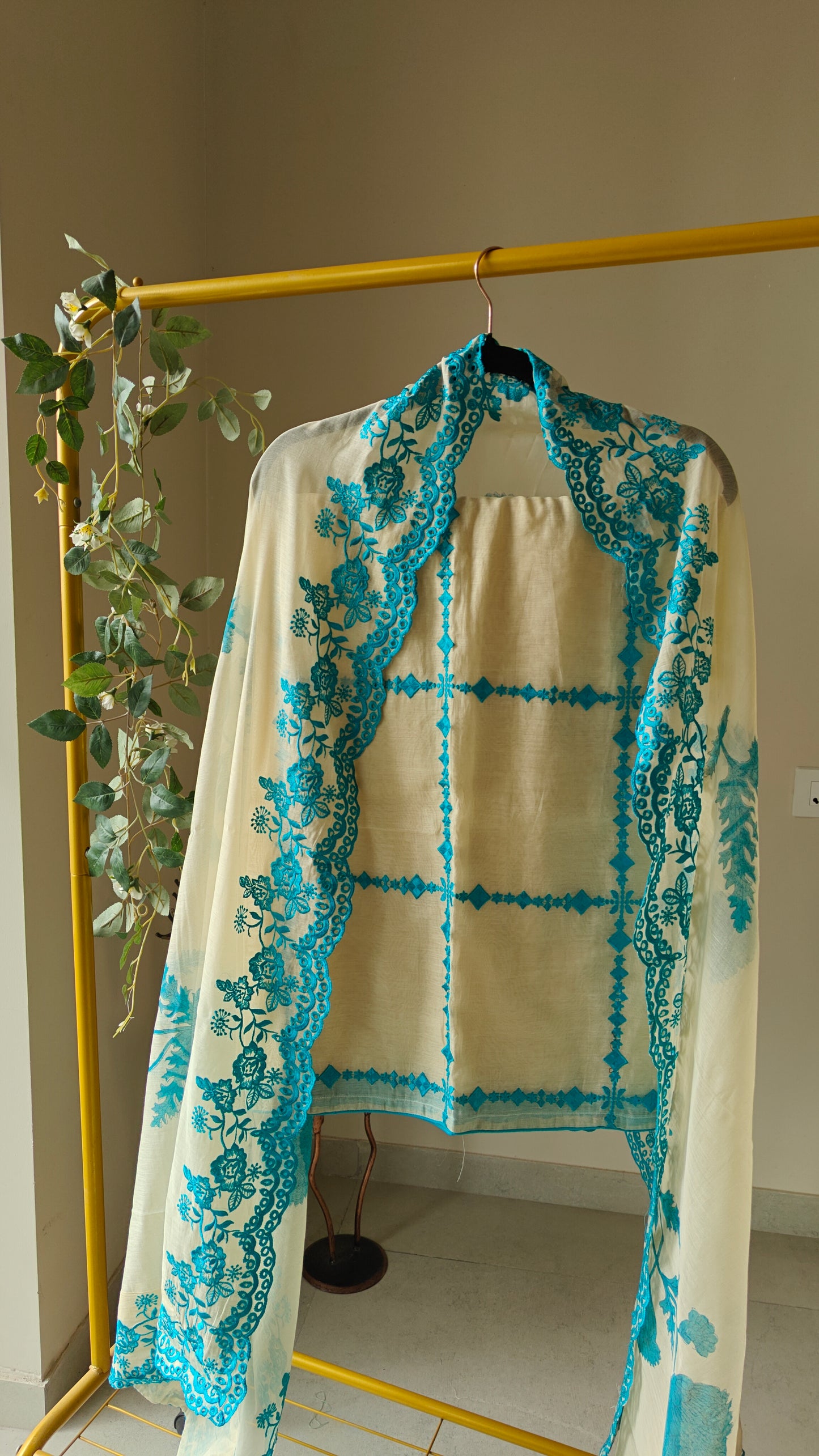 Chanderi designer blue suit set - Unstitched material