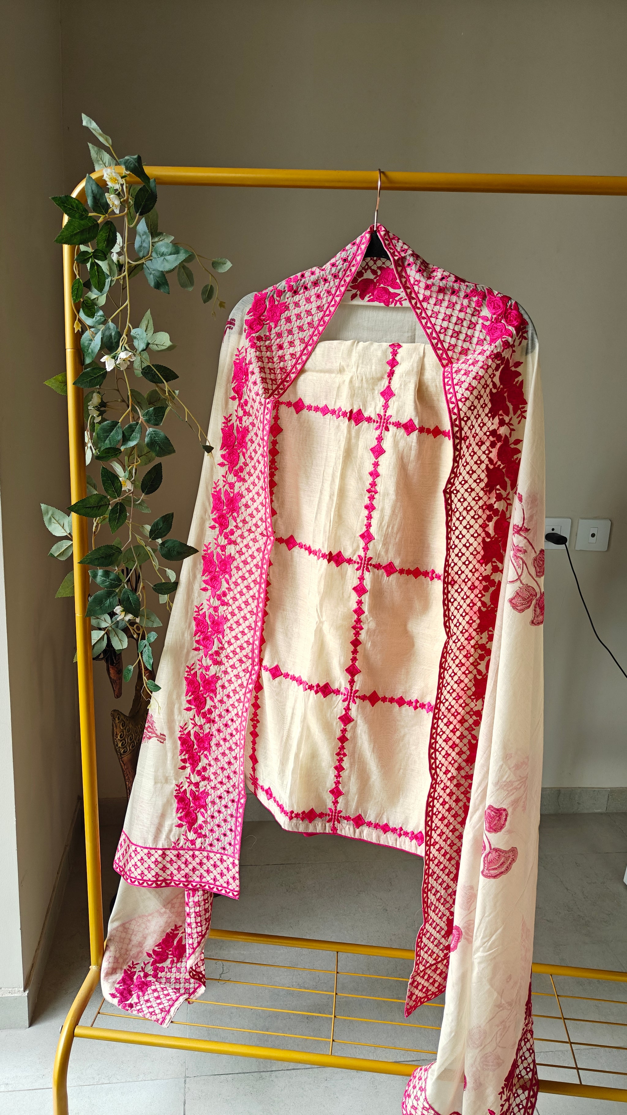 Chanderi designer hotpink suit set - Unstitched material