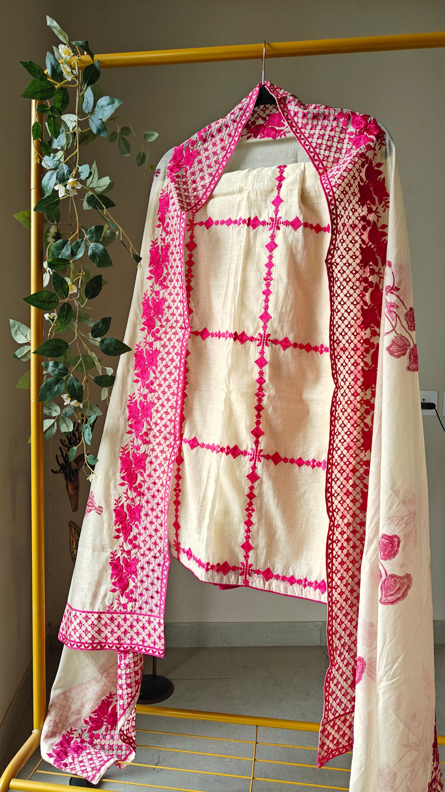 Chanderi designer hotpink suit set - Unstitched material