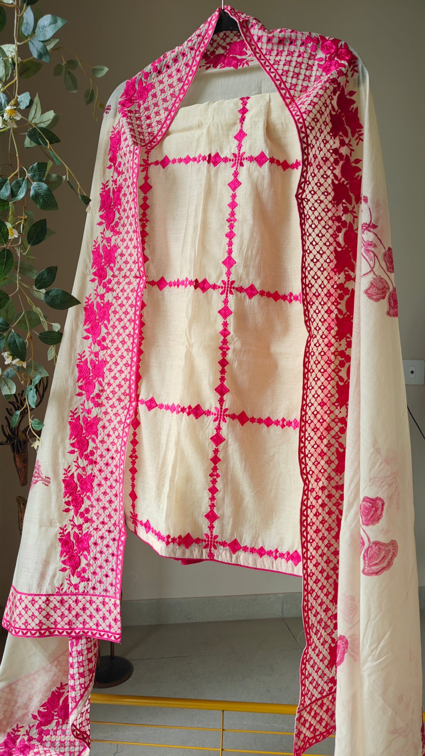 Chanderi designer hotpink suit set - Unstitched material