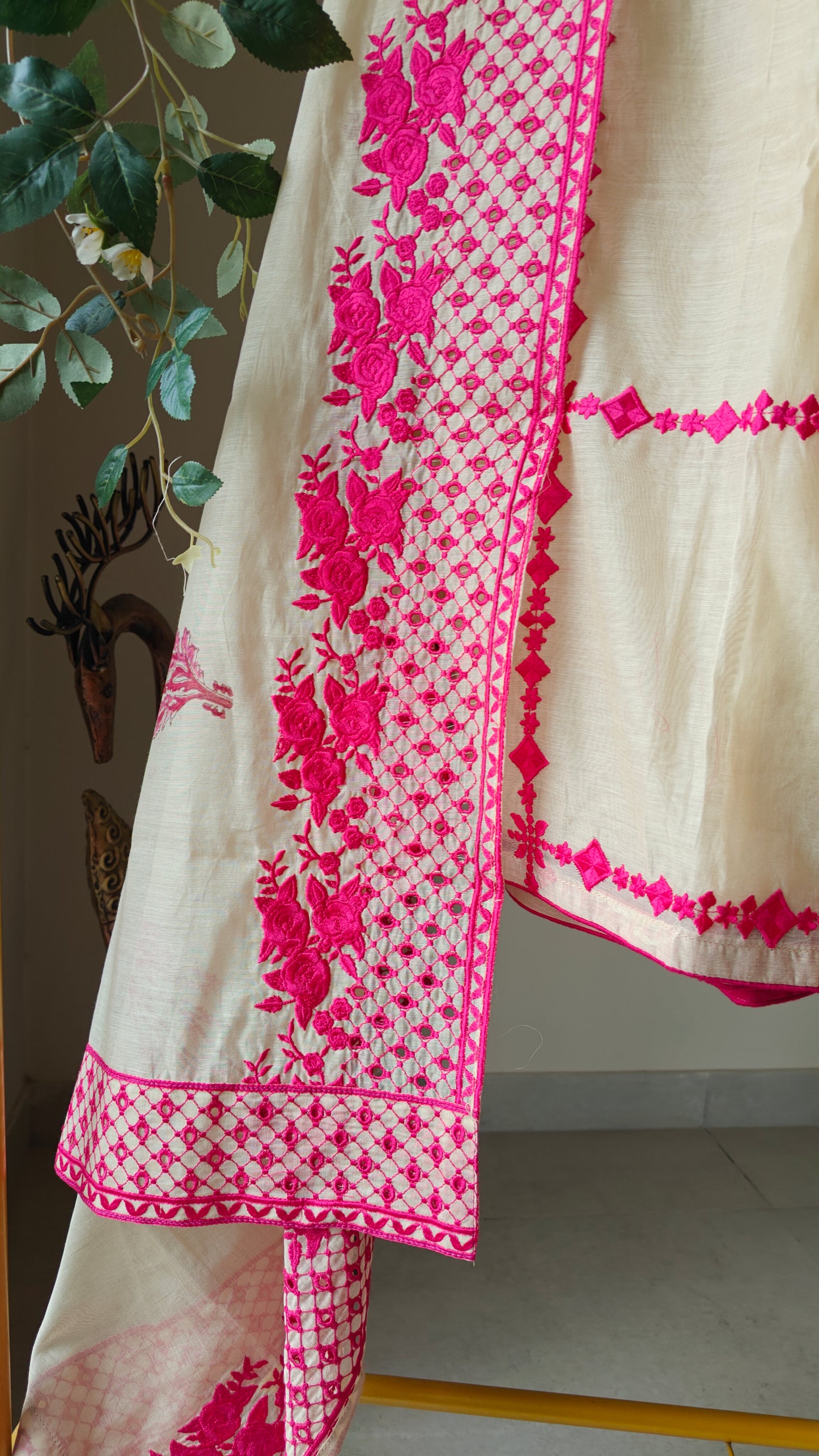 Chanderi designer hotpink suit set - Unstitched material