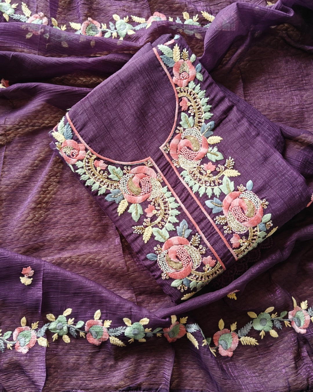 Organza handwork embroidered Unstitched suit set