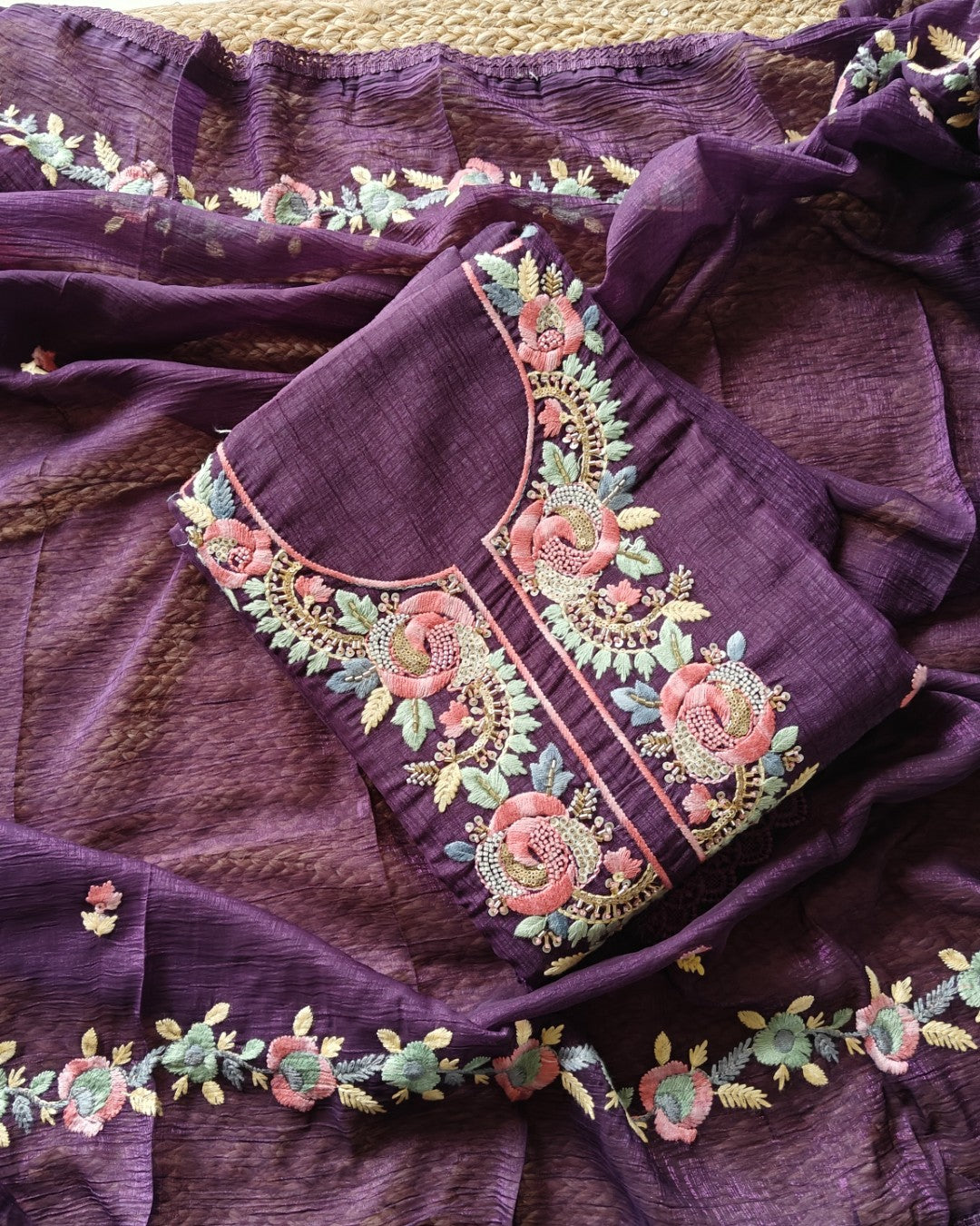 Organza handwork embroidered Unstitched suit set