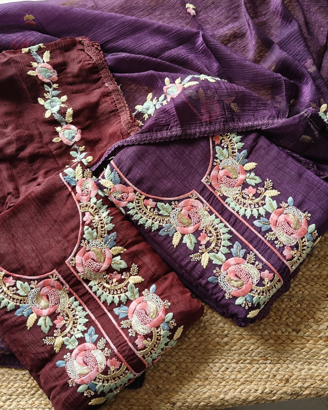 Organza handwork embroidered Unstitched suit set