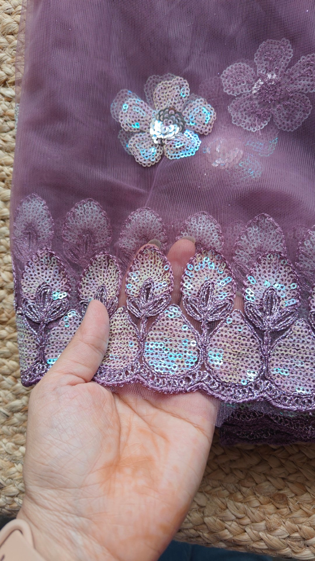 Purple Indian saree with rainbow sequin embroidery border - Fancy sari