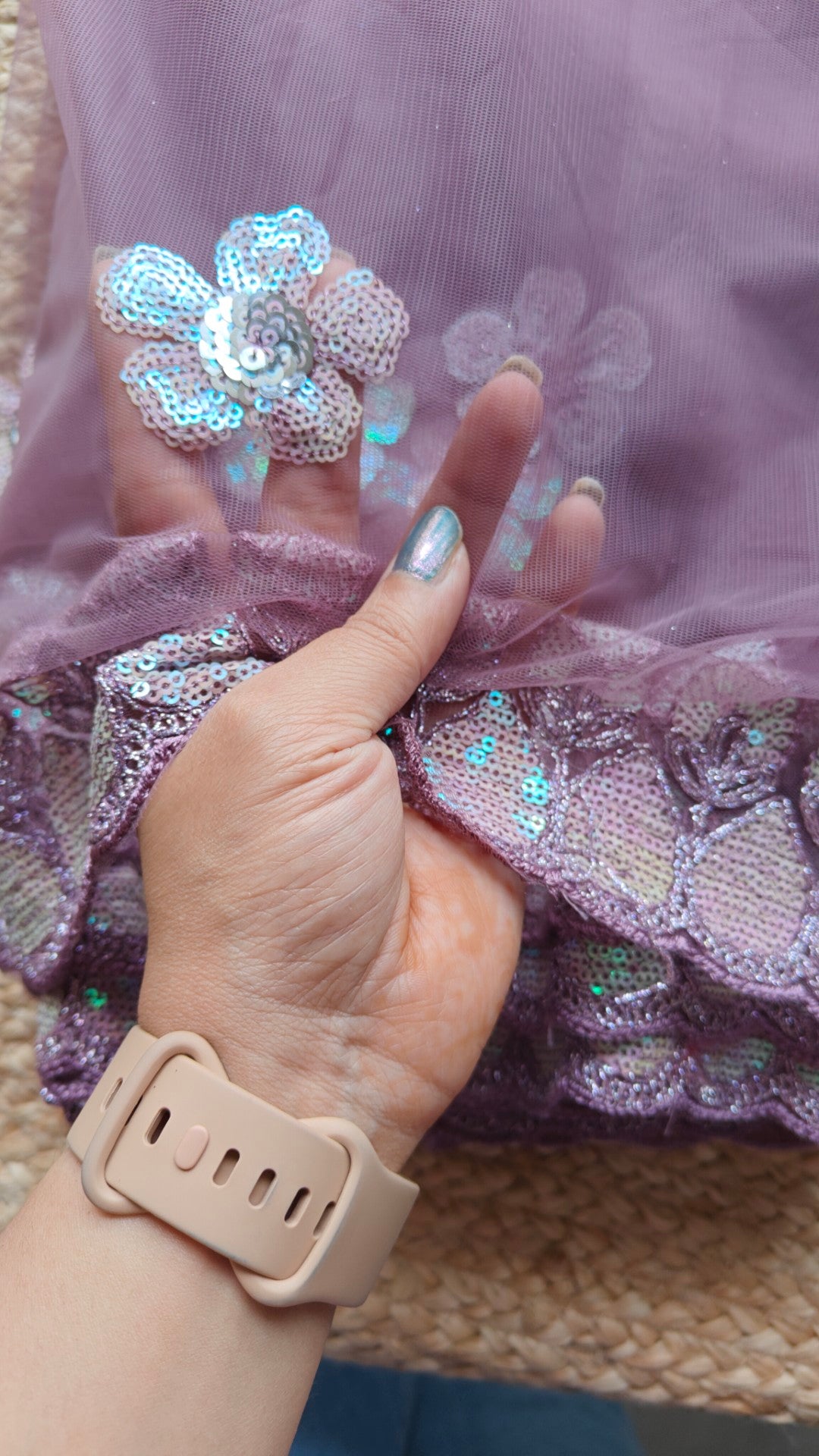 Purple Indian saree with rainbow sequin embroidery border - Fancy sari