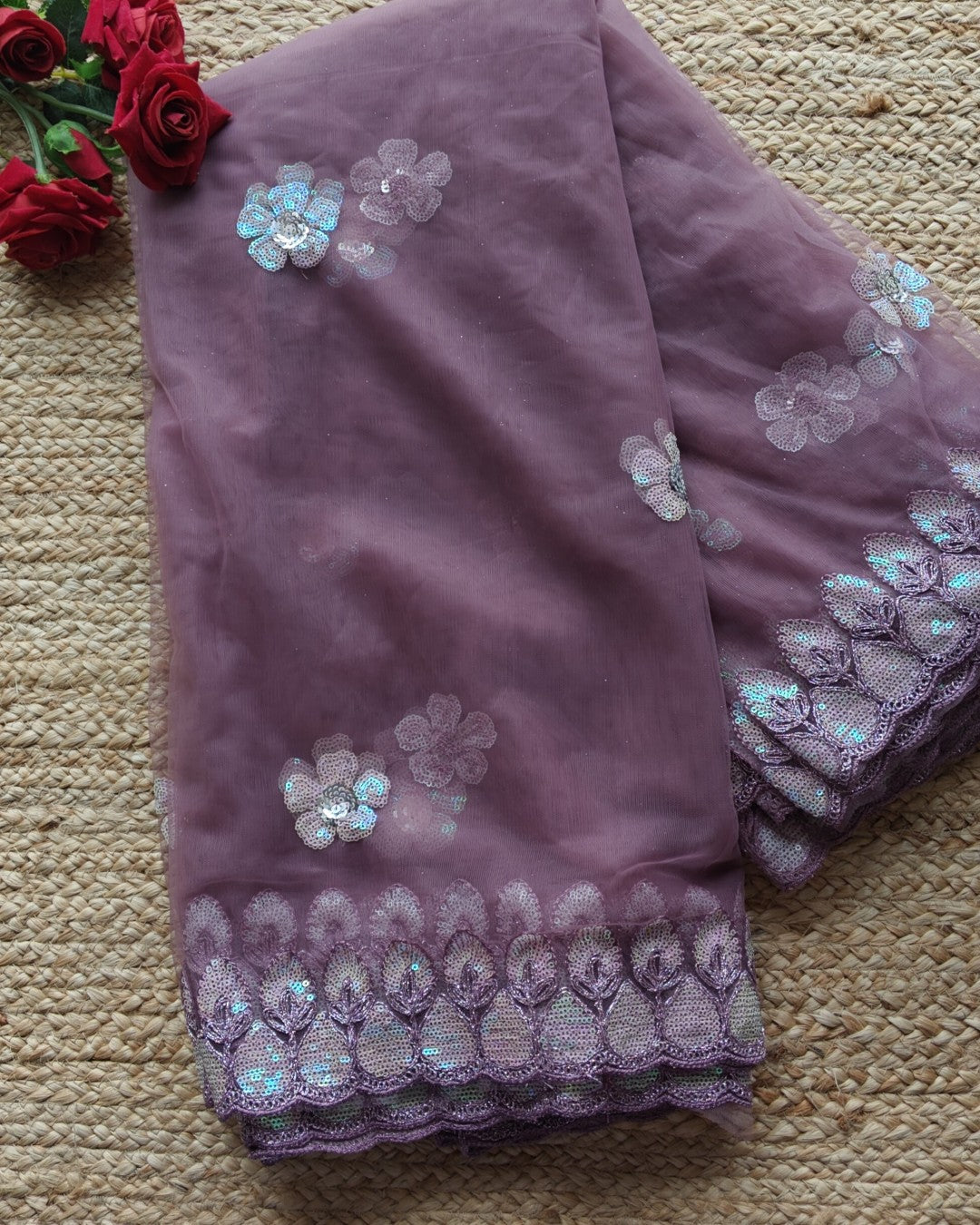 Purple Indian saree with rainbow sequin embroidery border - Fancy sari