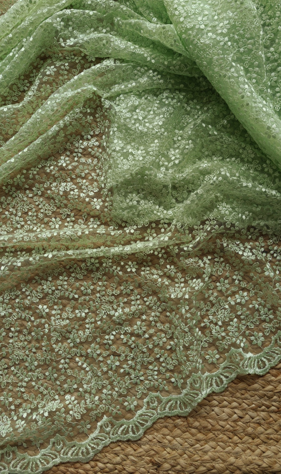 Green Net saree for tall 48 inch height. Indian net saree with thread embroidery