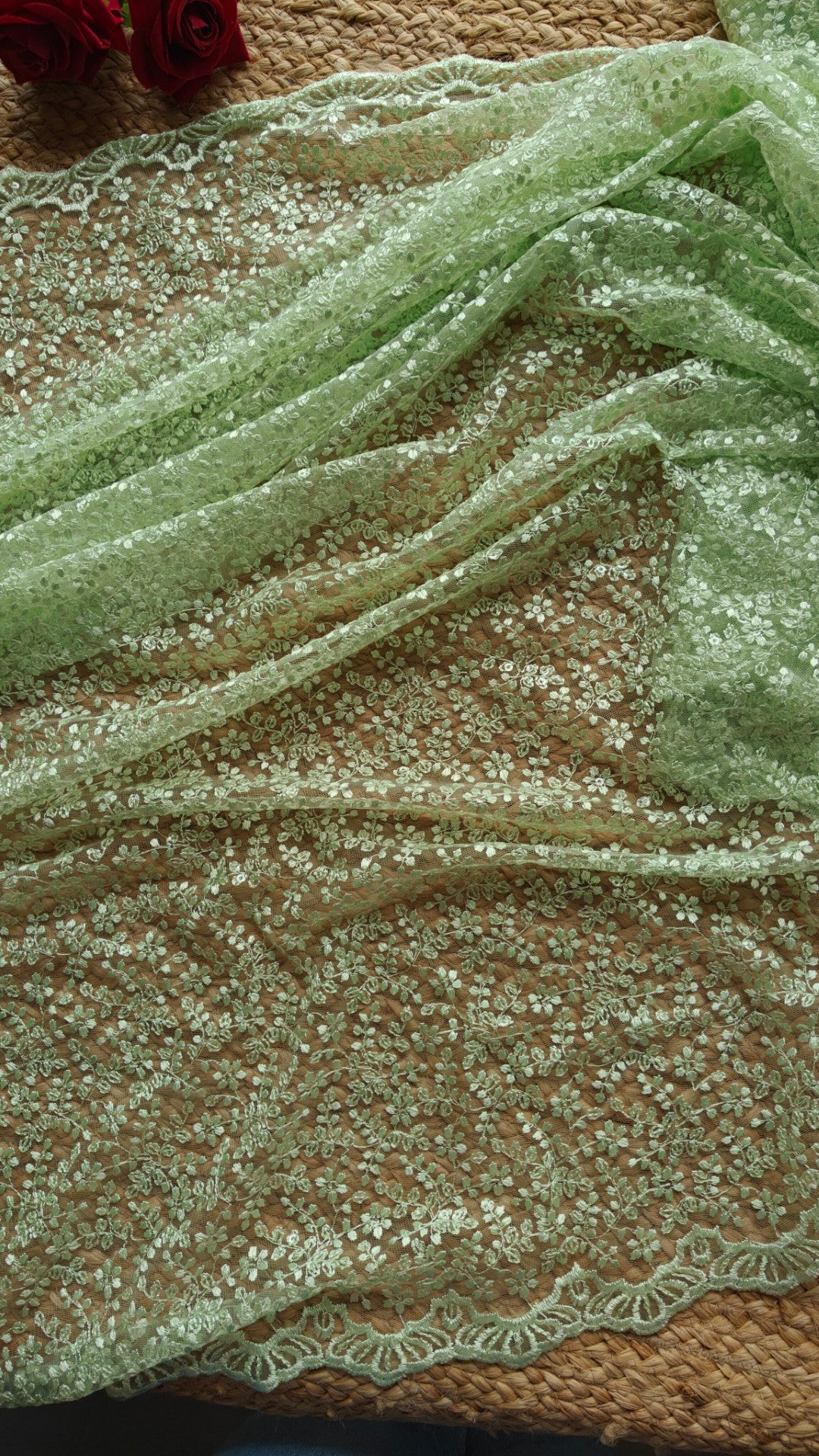 Green Net saree for tall 48 inch height. Indian net saree with thread embroidery