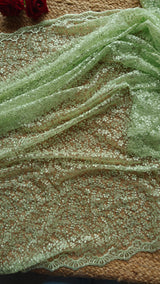 Green Net saree for tall 48 inch height. Indian net saree with thread embroidery