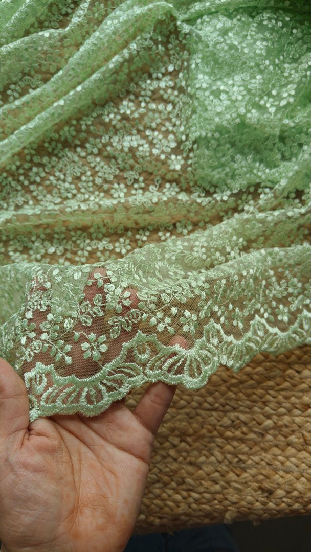 Green Net saree for tall 48 inch height. Indian net saree with thread embroidery