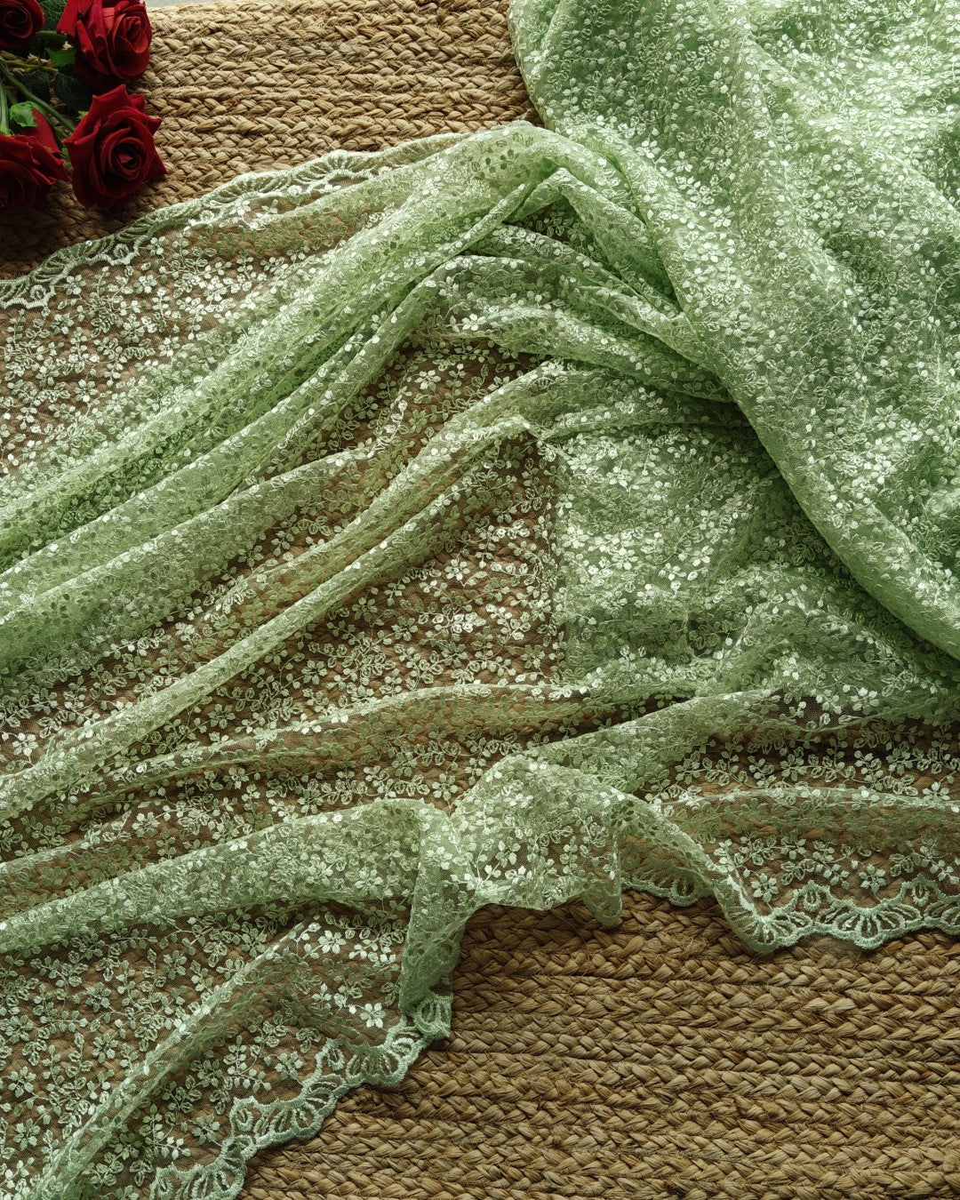 Green Net saree for tall 48 inch height. Indian net saree with thread embroidery