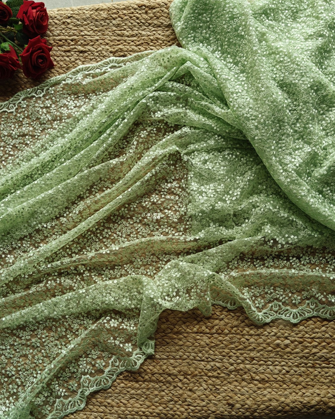 Green Net saree for tall 48 inch height. Indian net saree with thread embroidery