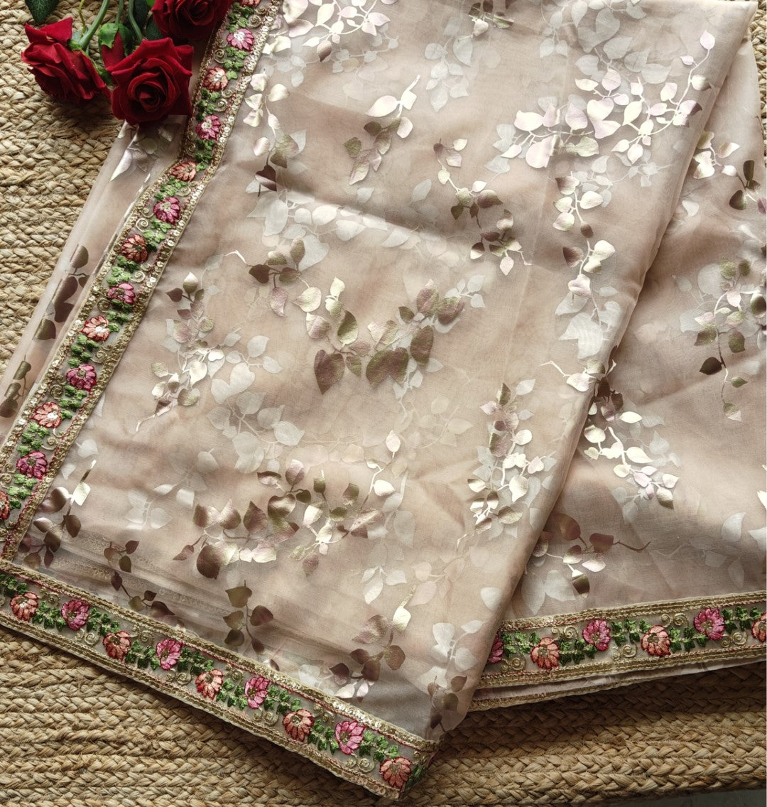 Organza saree with foil print and beautiful floral border