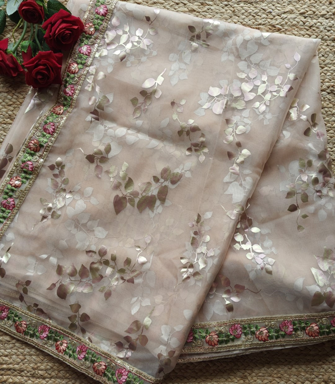 Organza saree with foil print and beautiful floral border