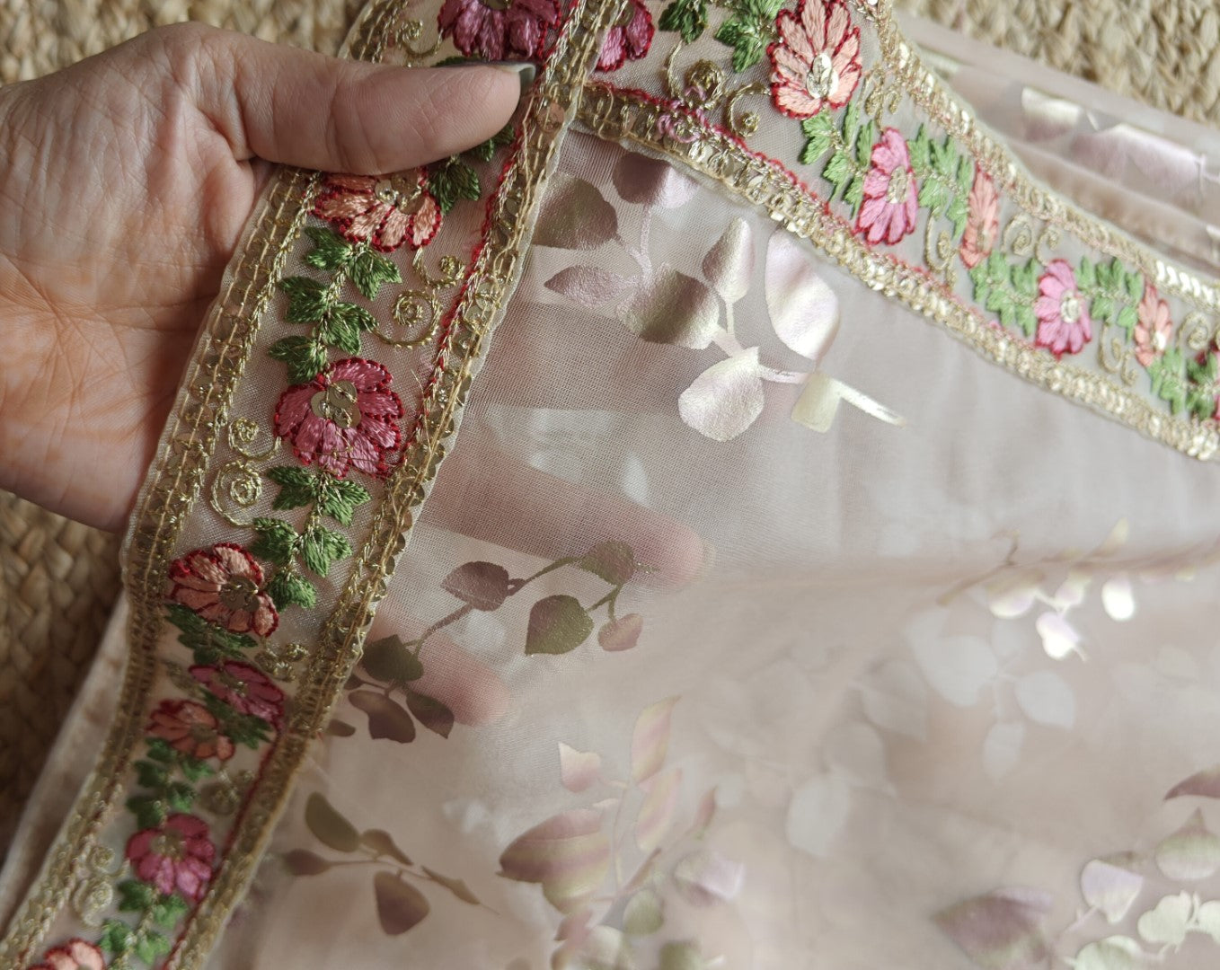 Organza saree with foil print and beautiful floral border