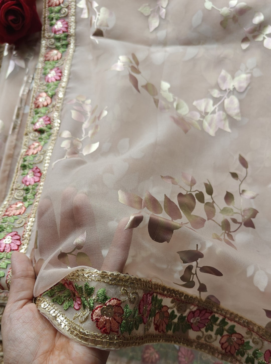 Organza saree with foil print and beautiful floral border