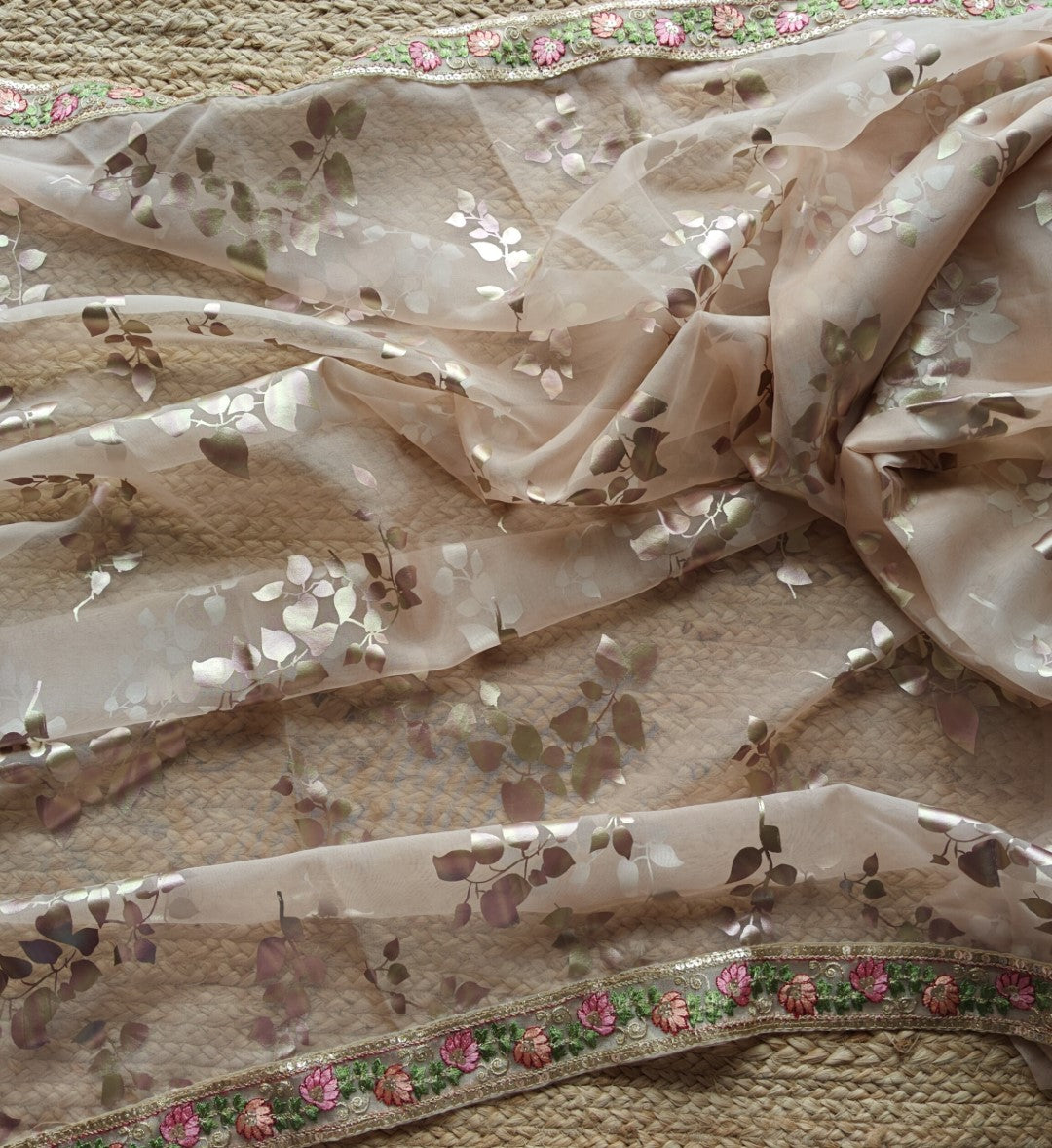 Organza saree with foil print and beautiful floral border