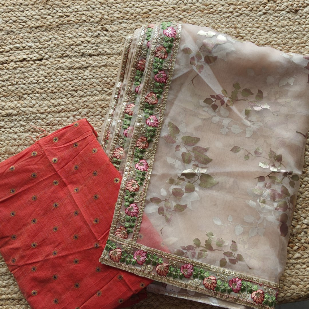 Organza saree with foil print and beautiful floral border