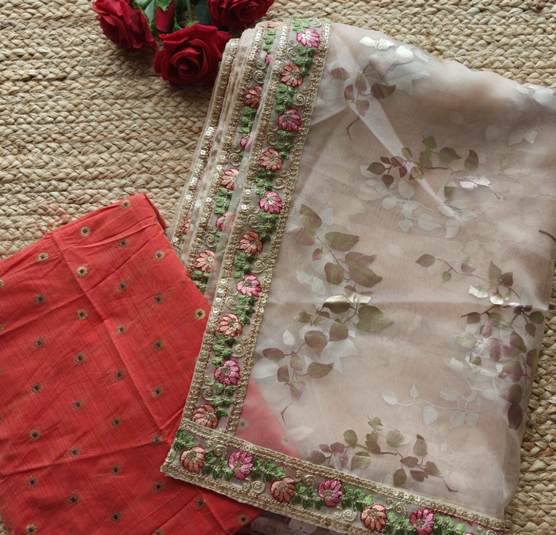 Organza saree with foil print and beautiful floral border