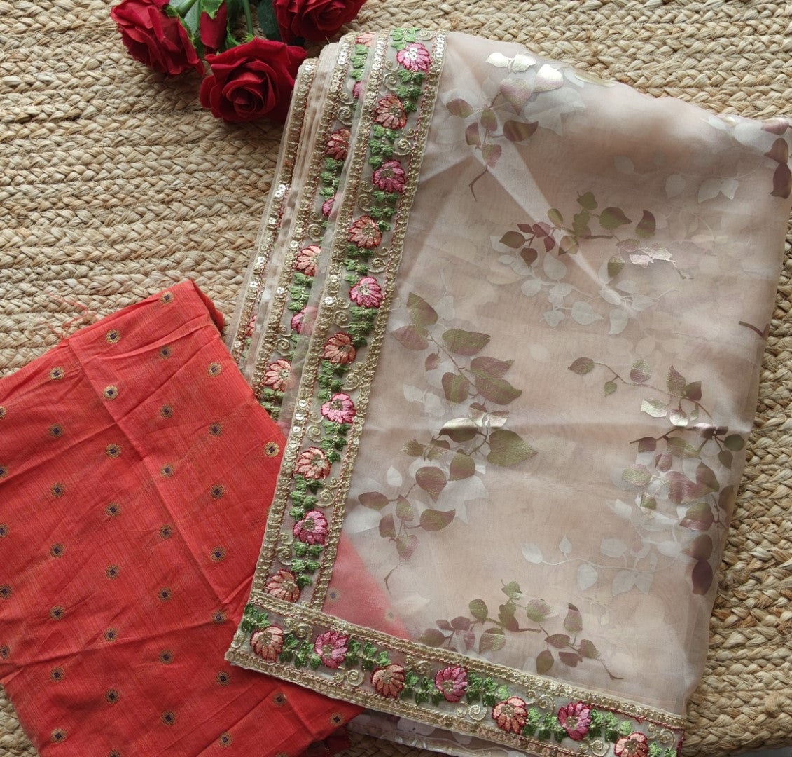 Organza saree with foil print and beautiful floral border