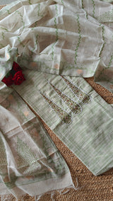 Boat Neck Cotton unstitched suit with handwork and touch of Banarasi