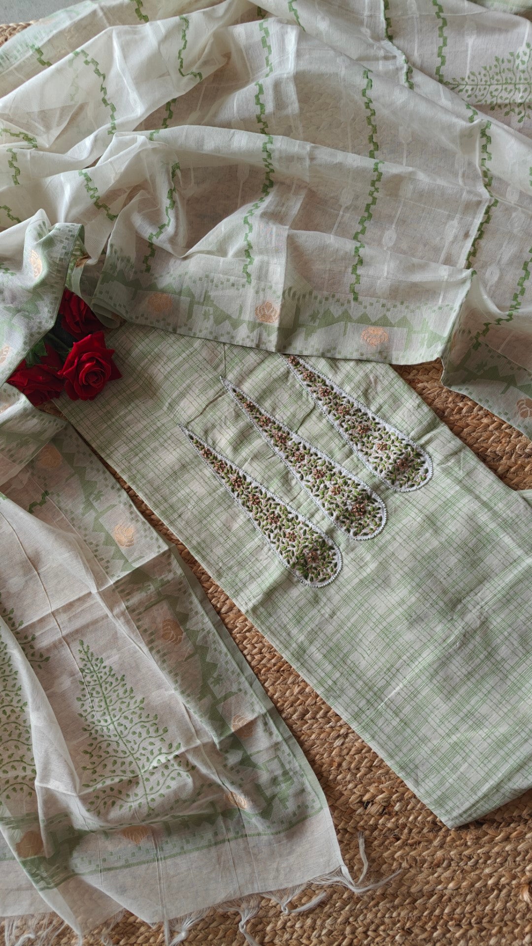 Boat Neck Cotton unstitched suit with handwork and touch of Banarasi