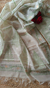 Boat Neck Cotton unstitched suit with handwork and touch of Banarasi