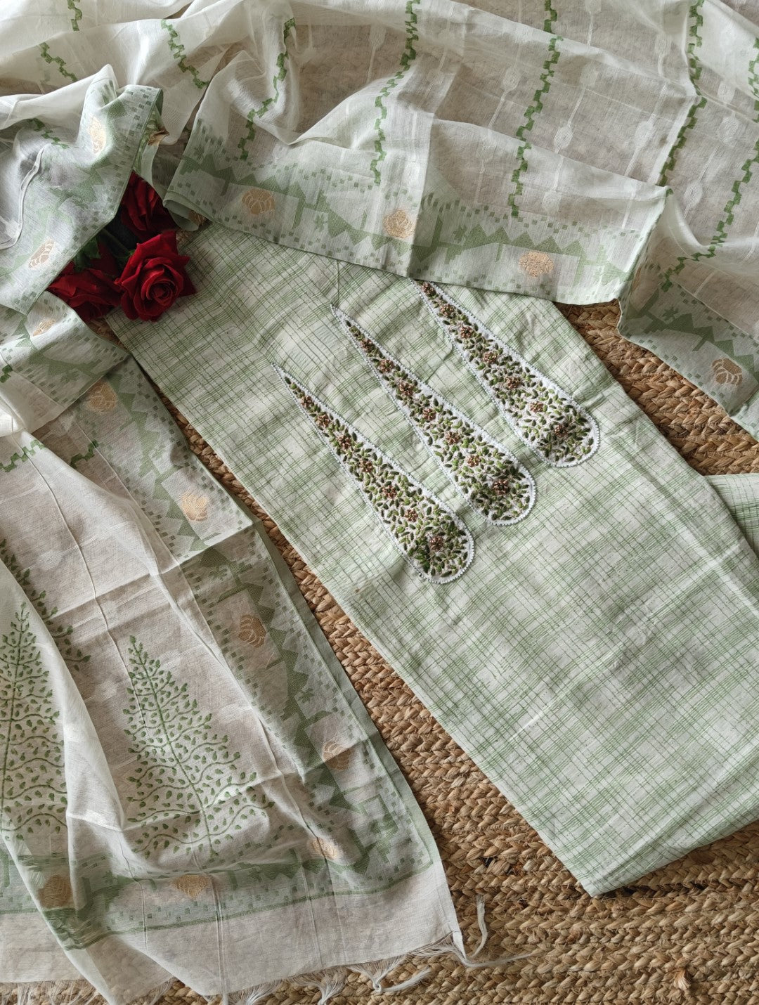 Boat Neck Cotton unstitched suit with handwork and touch of Banarasi