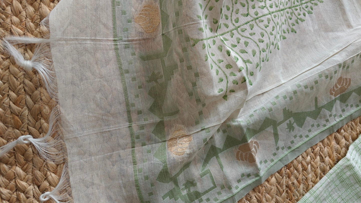 Boat Neck Cotton unstitched suit with handwork and touch of Banarasi