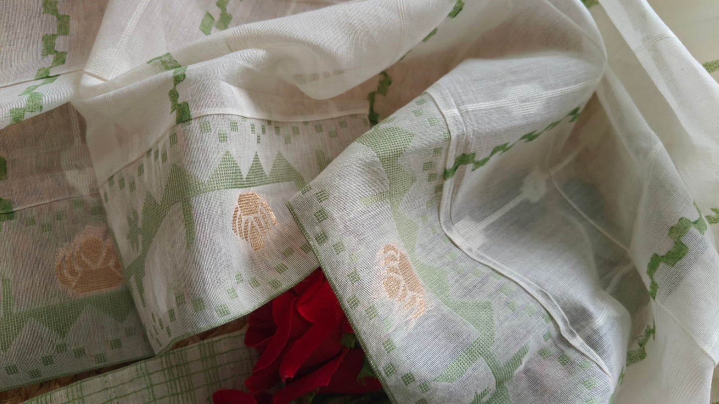 Boat Neck Cotton unstitched suit with handwork and touch of Banarasi