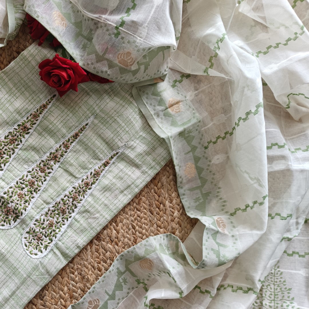 Boat Neck Cotton unstitched suit with handwork and touch of Banarasi