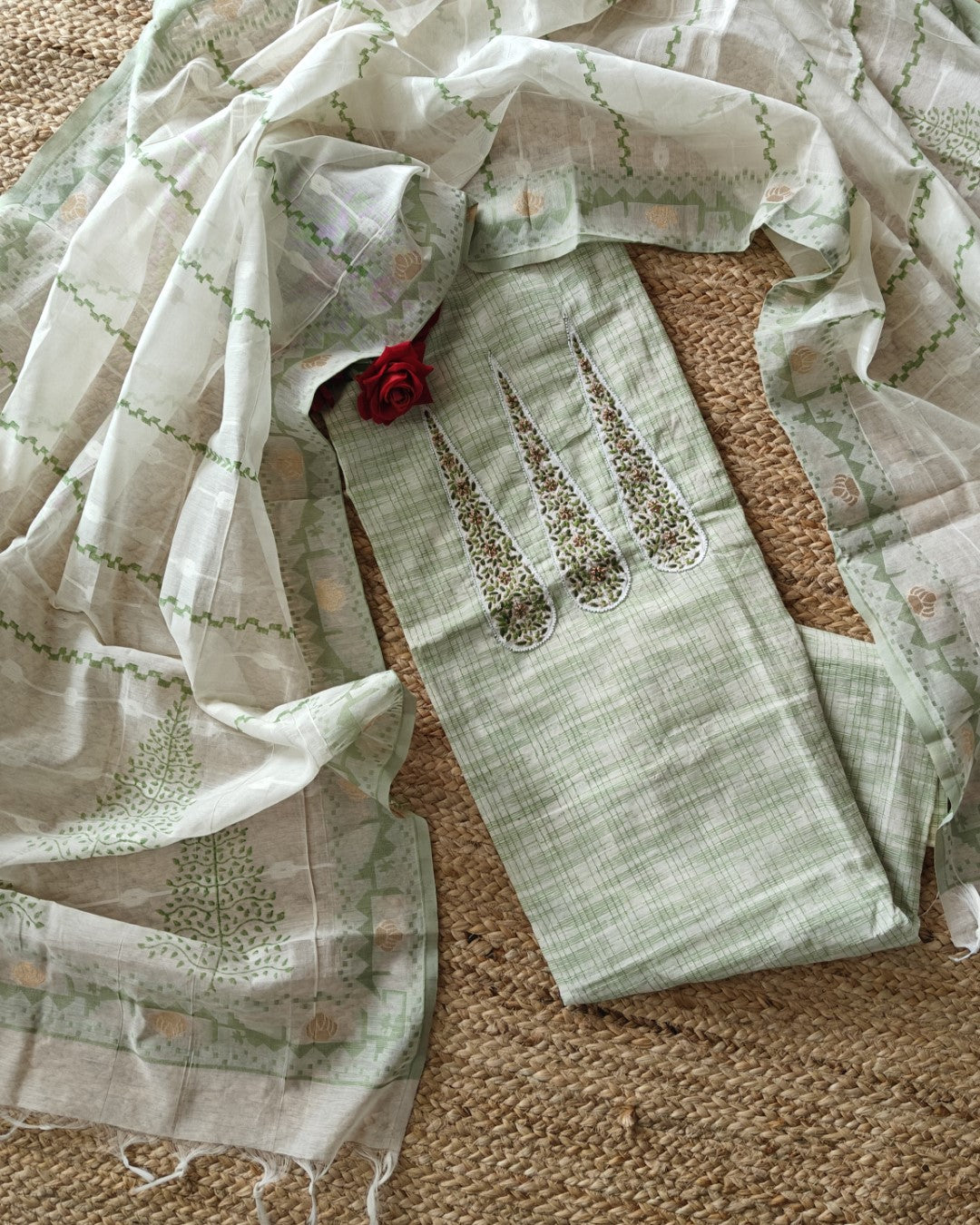 Boat Neck Cotton unstitched suit with handwork and touch of Banarasi