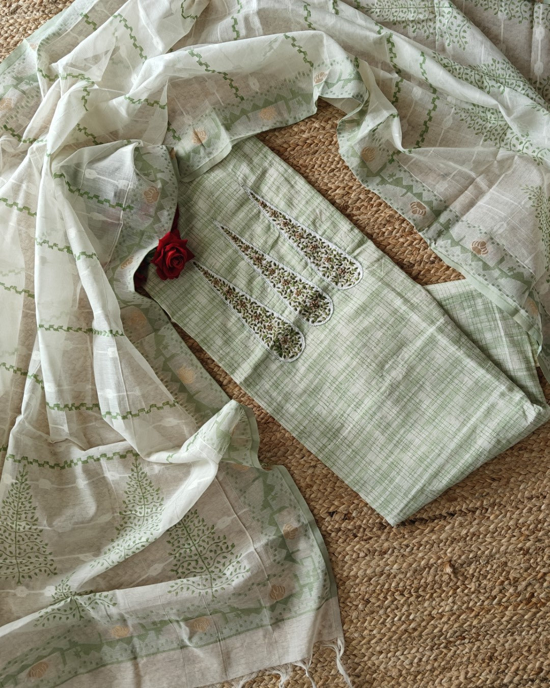 Boat Neck Cotton unstitched suit with handwork and touch of Banarasi