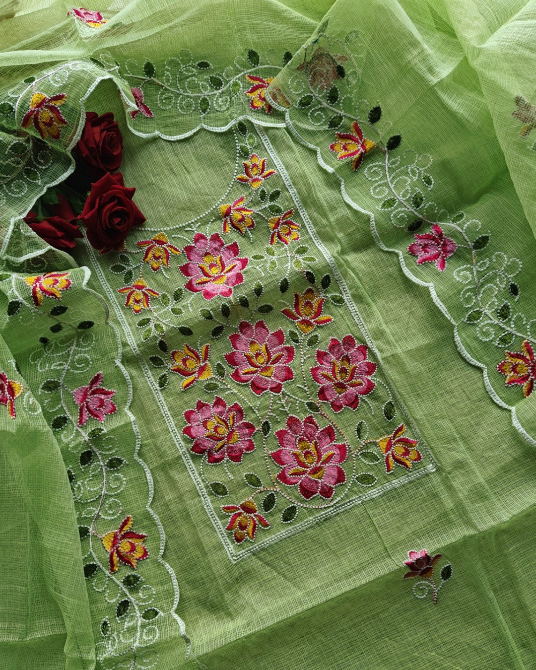 Green Kotta embroidered kurta dupatta set Unstitched