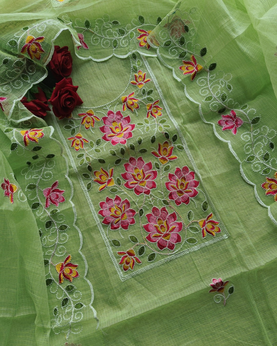 Green Kotta embroidered kurta dupatta set Unstitched