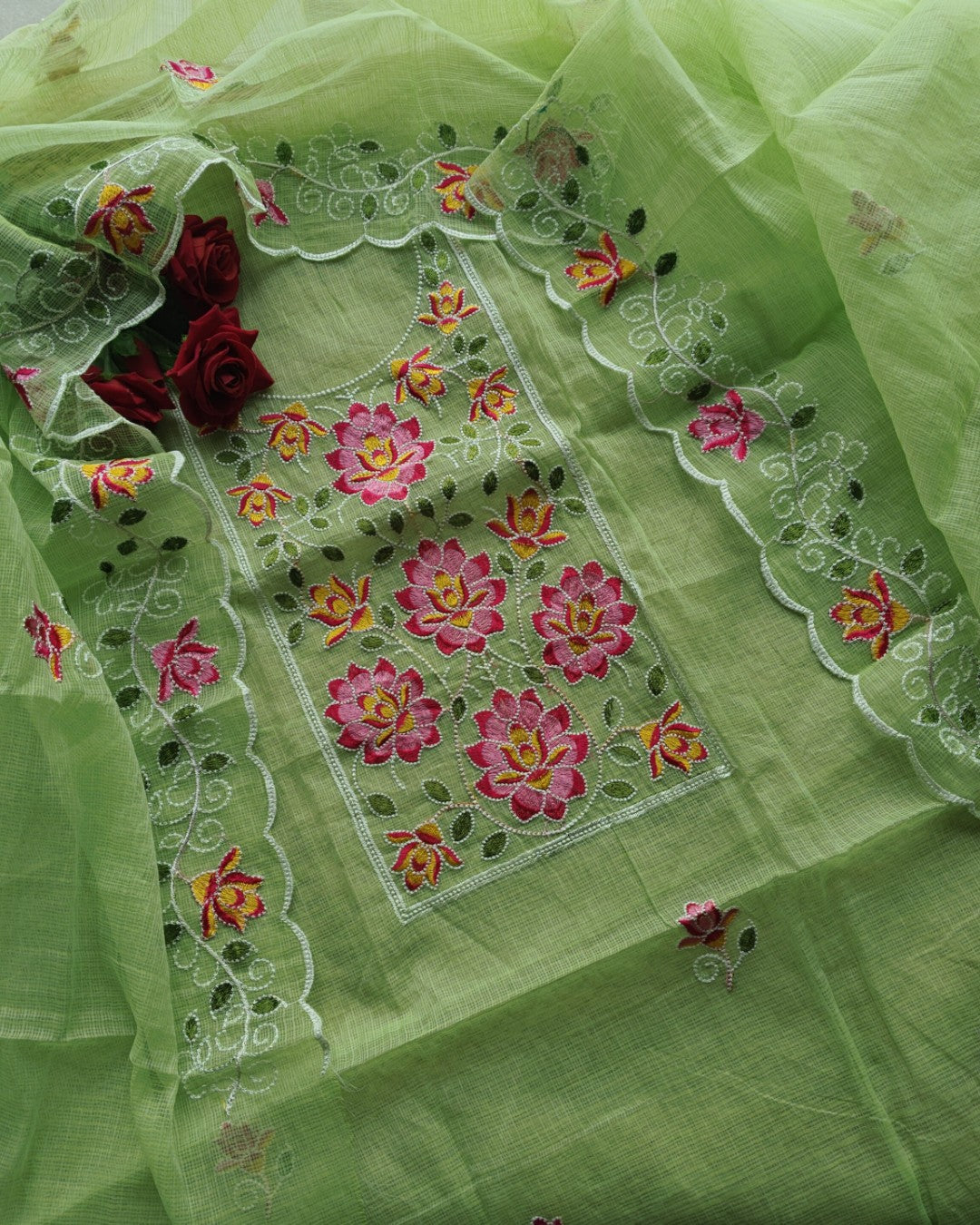 Green Kotta embroidered kurta dupatta set Unstitched