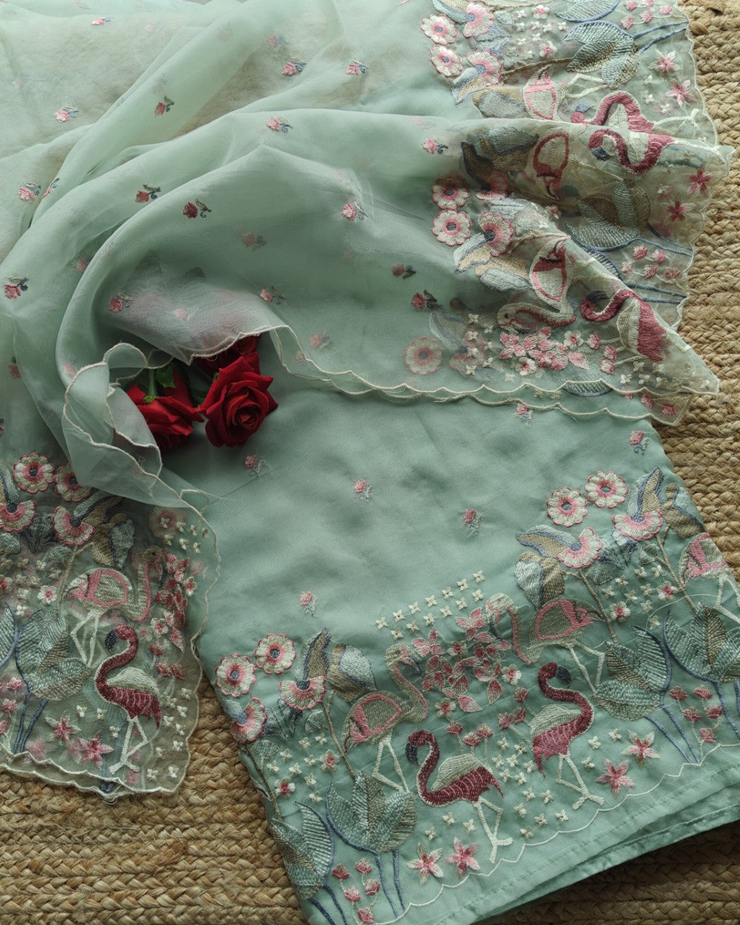 Green Pure Organza colorful Flamingo embroidery Dress material