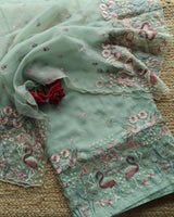 Green Pure Organza colorful Flamingo embroidery Dress material